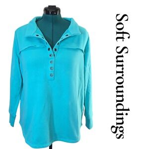 Soft Surroundings Turquoise Blue Henley Sweatshirt Snap Front Grommet Womens L